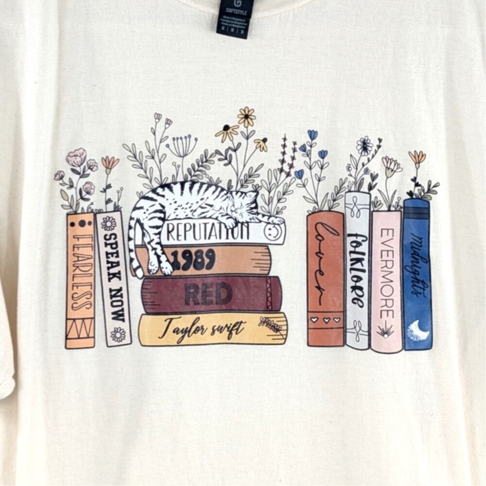 Taylor Swift M Albums Bookshelf Graphic Tee Gildan Cream White Short Sleeve Top